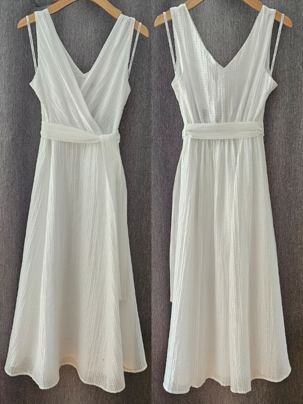 Halston White Sleeveless Seersucker Belted Flare Midi Dress - Picture 12 of 16